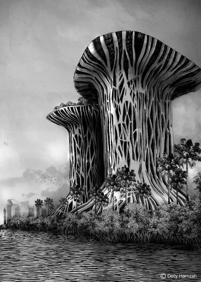 a big mangrove tree towers in the forest of Jakarta